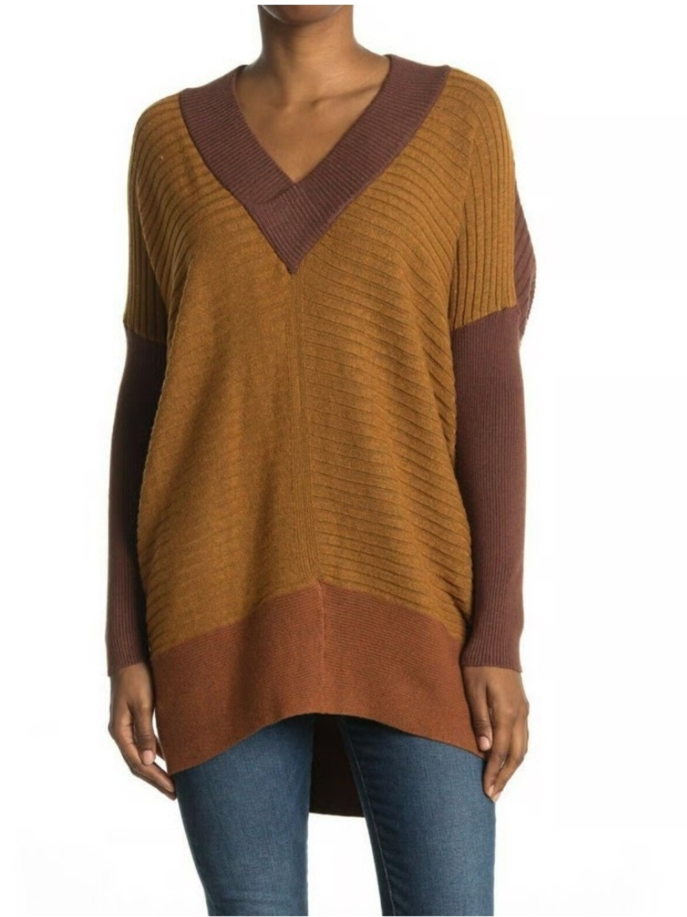 StitchDrop Brown/Yellow Ribbed Oversized Long Sleeve Tunic Sweater/Dress Small